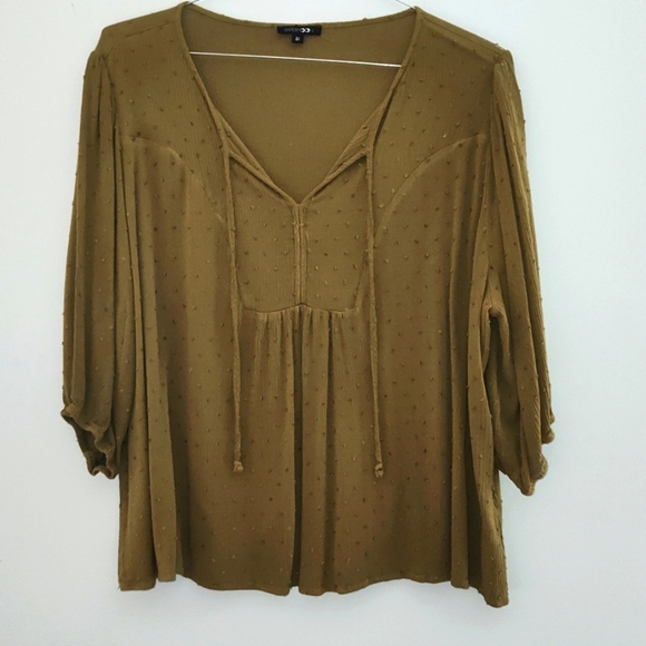 Papermoon Olive Green V Neck 3/4 Sleeve Flowy Top Blouse Size 2X Comfy Cotton - Picture 1 of 10